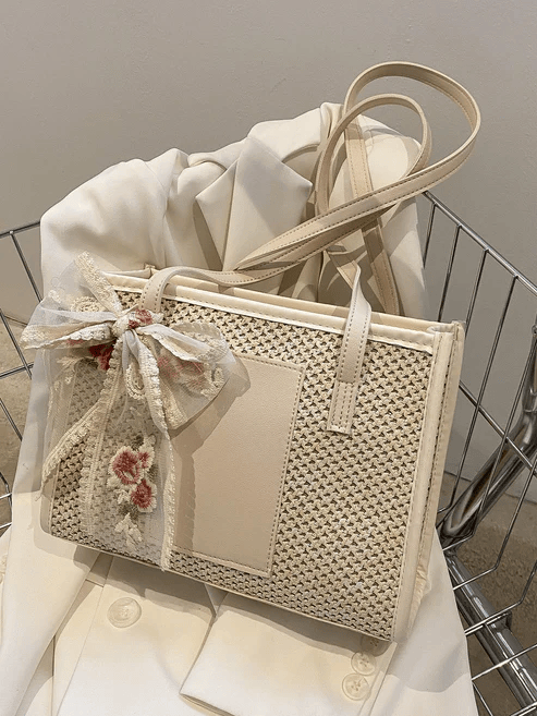 Vintage-Inspired Woven Cream Shoulder Bag