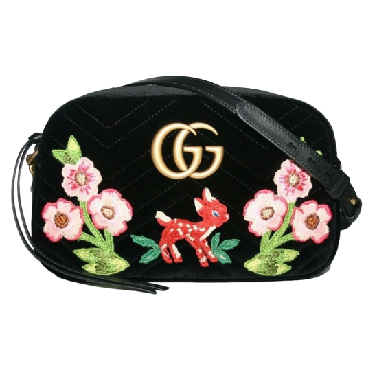 Gucci GG Marmont Matelasse Embroidered Black Nero Velvet Crossbody 447632